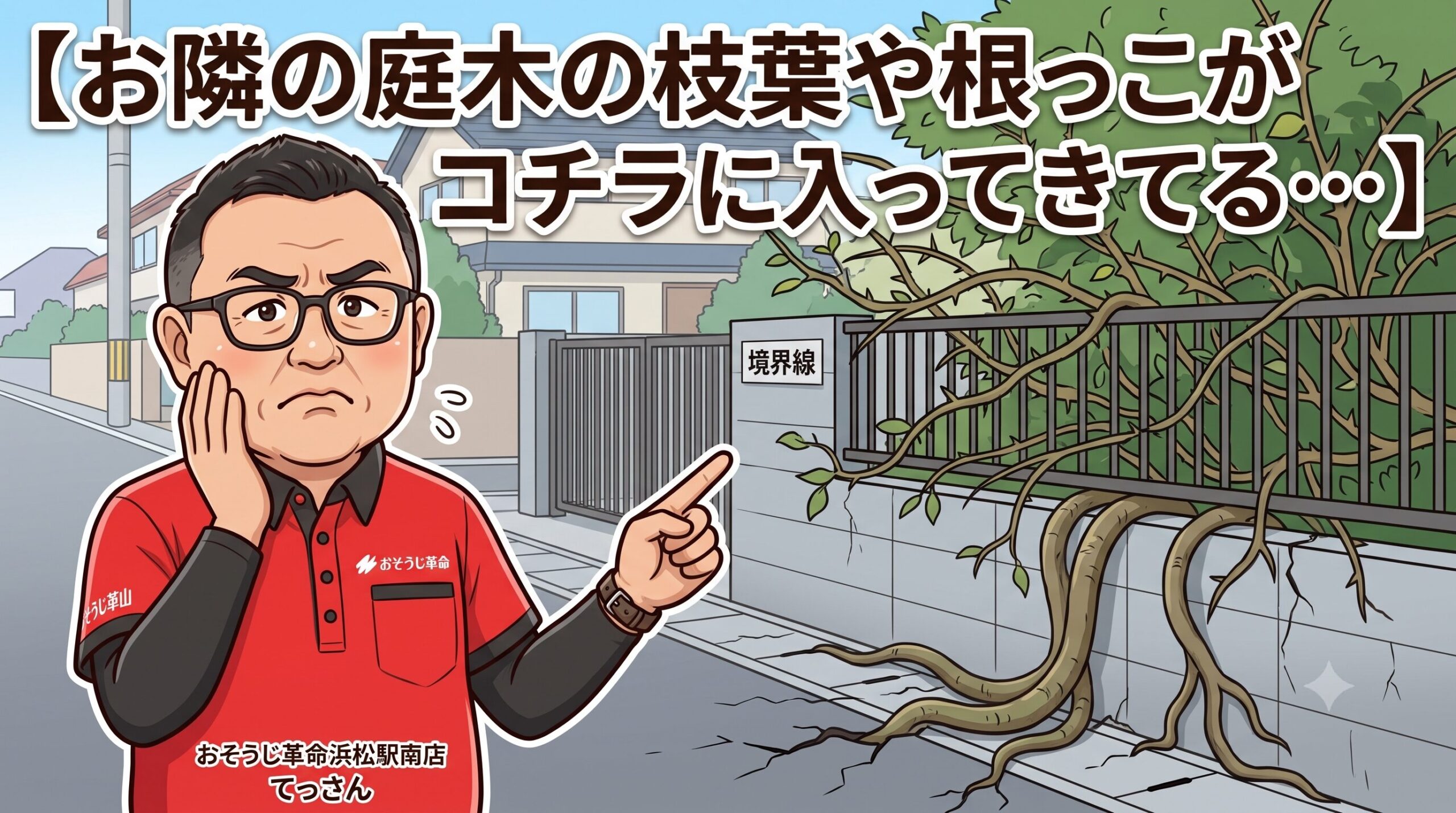 お隣の庭木の枝葉や根っこがコチラに入ってきてる・・・